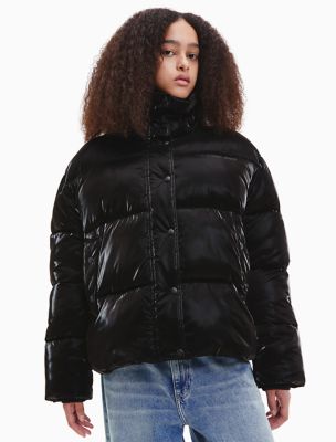 Calvin klein shiny detachable hood sale puffer jacket in black