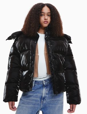 Shiny black shop puffer jacket women