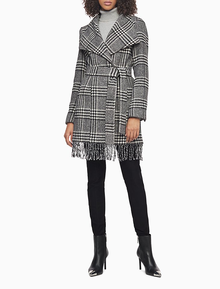 WOOL BLEND PLAID BELTED FRINGE COAT