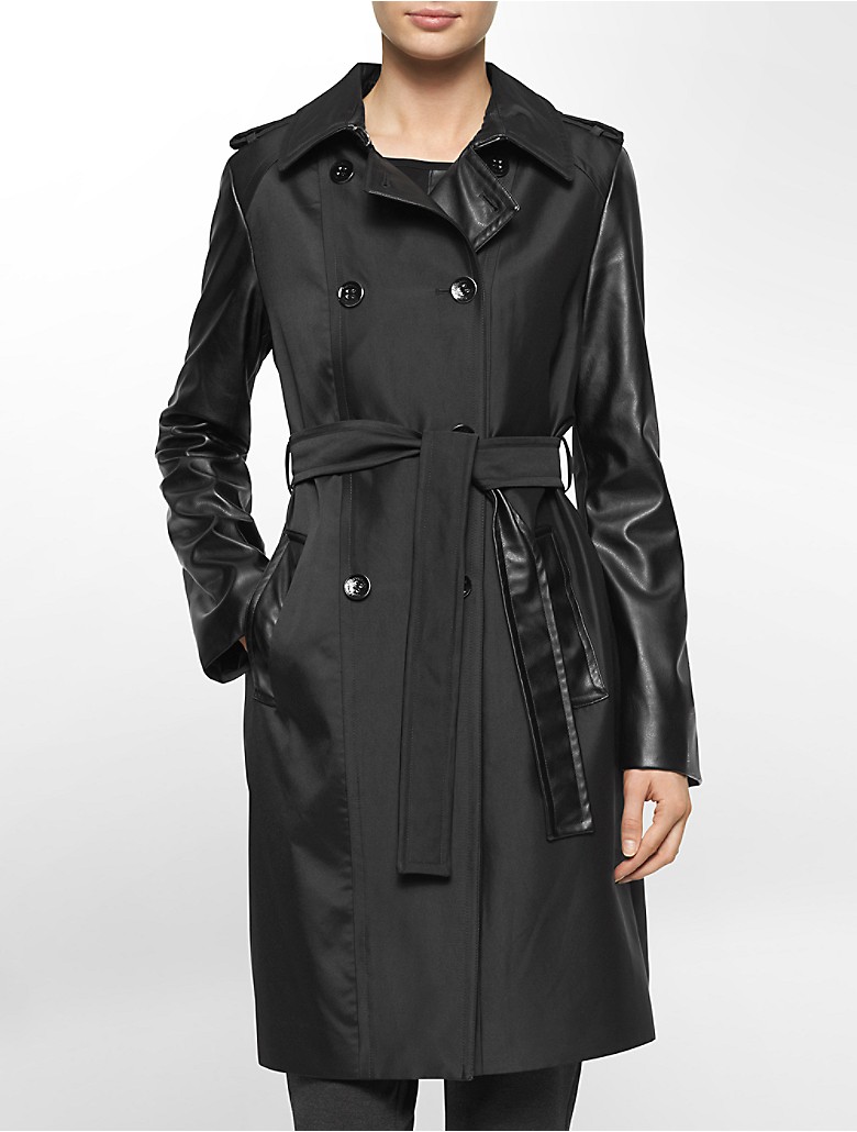 calvin klein womens faux leather trim belted trench coat jacket | eBay
