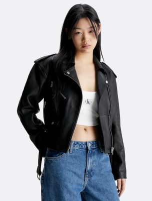 Calvin Klein Plus Size Knit Detail Women's Leather Jacket Black NWT $600