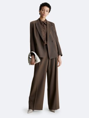 Brown Velvet Blazer with Striped Wide Leg Pants