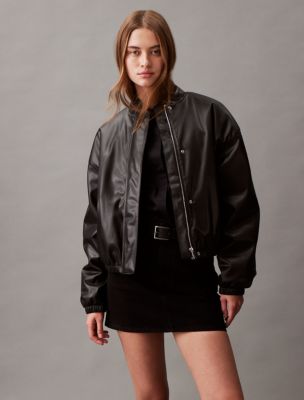 Faux Leather Bomber Jacket, Black Beauty