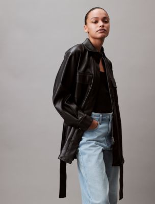Faux Leather Shirt Jacket, Black Beauty