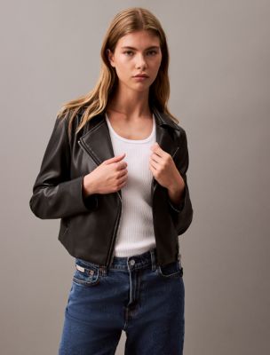 Calvin klein faux outlet leather sleeve jacket