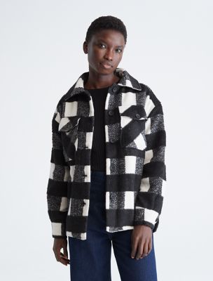Plaid Long Shirt Jacket, Black/White