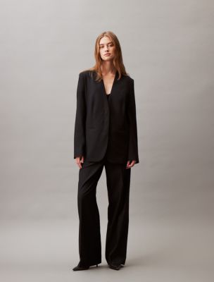 Black Flared Pants Suit Set With Blazer, Black Classic Women's