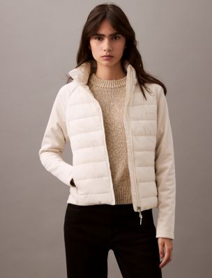 Calvin Klein Womens popular Cloud White Mixed-Media Sherpa Puffer Jacket Size L $149