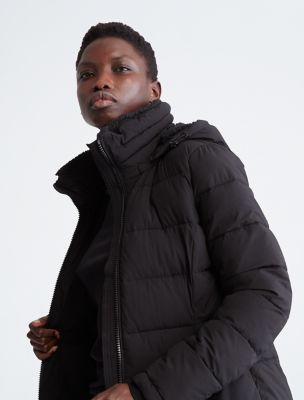 Calvin Klein Performance Walker Jacket W/sweater Rib & Drama Collar Fur  Trimmed Hood in Black