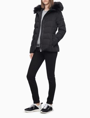 calvin klein puffer jacket faux fur hood