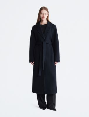 Marked Waist Wool Blend Maxi Coat Black