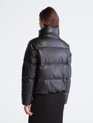 Womens Black Leather Cropped Puffer Jacket