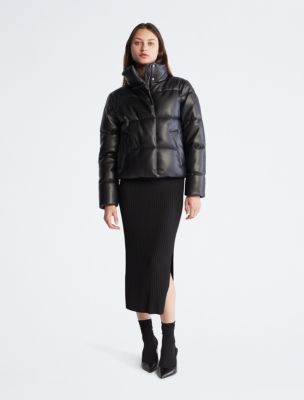 Calvin klein shiny store faux leather puffer coat