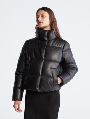 Womens Black Leather Cropped Puffer Jacket