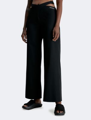 Black Stretch Satin Cut Out Hip Flared Pants