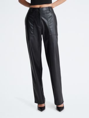 Black Straight Leg Waisted Faux Leather Pants