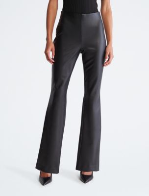 FAUX LEATHER SLIM FLARE TROUSERS WITH SLITS - Black