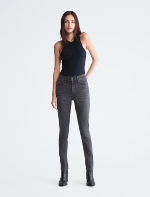 High * Washed Grey Skinny Jeans, Cropped Stretchy Tight Fit High Waist  Denim Pants, Women's Denim Jeans & Clothing