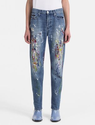 straight leg high rise paint splatter jeans