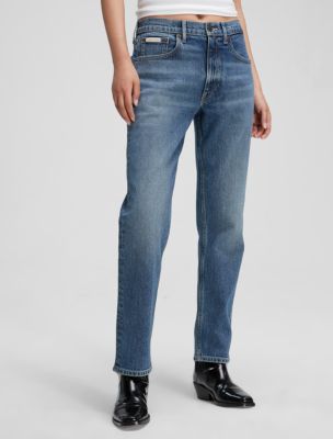 Calvin Klein Jeans high rise straight with rips in mid wash - ShopStyle