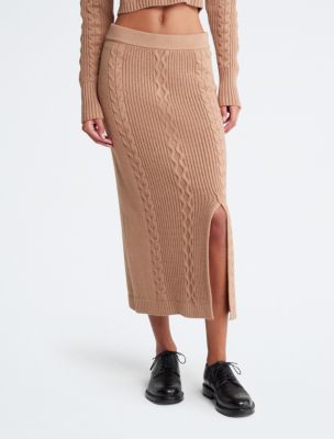 Brown Ribbed High Waist Midi Skirt