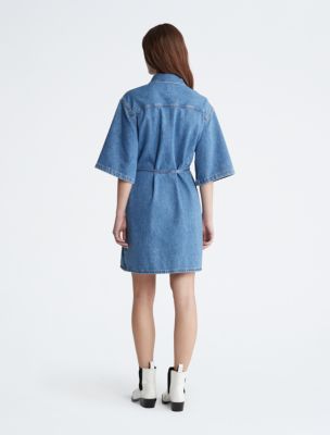 Utility Belted Denim Button-Down Shirt Dress