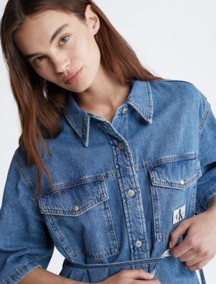 Utility Belted Denim Button-Down Shirt Dress