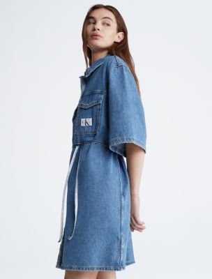 Utility Belted Denim Button Down Shirt Dress Calvin Klein