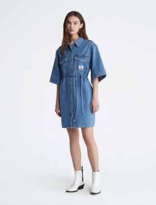 Utility Belted Denim Button-Down Shirt Dress