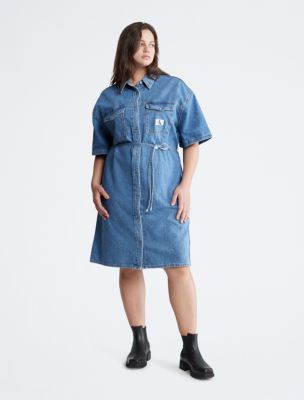 Plus Size Utility Denim Shirt Dress, Medium Denim