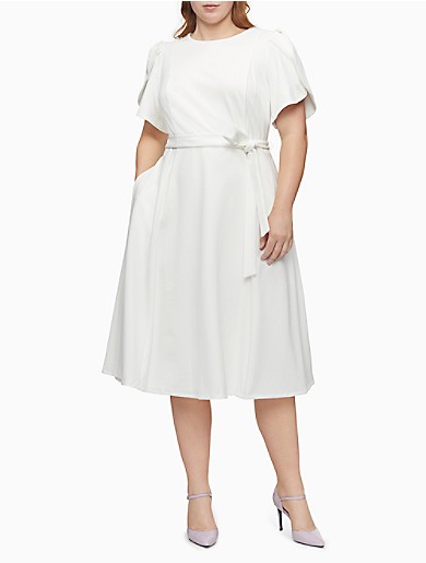 Plus Size Tulip Sleeve Belted Fit Flare Dress Calvin Klein