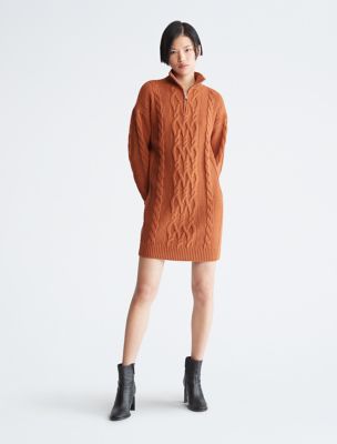 Cable Knit Half Zip Sweater Dress, Burnt Ginger