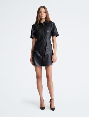 BRAND NEW CALVIN KLEIN SHEATH DRESS FAUX LEATHER  Calvin klein dress,  Flattering black dress, Silk print dress