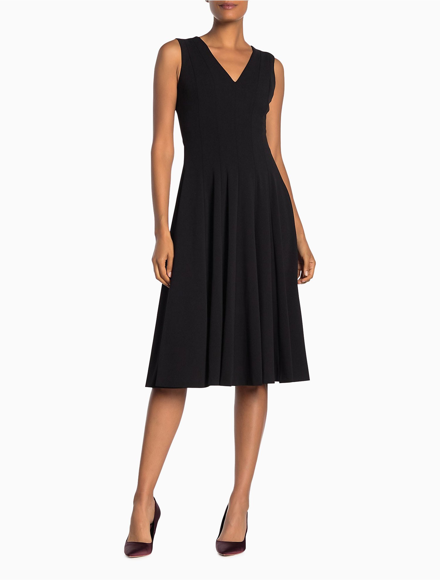 Solid V-Neck Fit + Flare Dress | Calvin Klein® USA