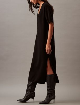 Tech Knit V-Neck Midi Dress, Black Beauty