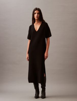 Tech Knit V-Neck Midi Dress, Black Beauty