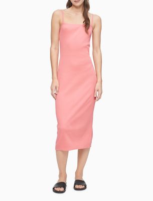 Strappy Ribbed Midi Dress, Coral Rose