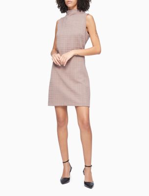 Grid Pattern Mock Neck Knit Sheath Dress