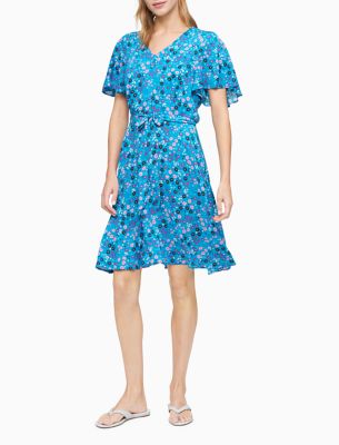 Printed V-Neck Tie-Waist A-Line Dress