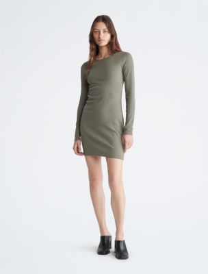 CALVIN KLEIN Womens Green Zippered Pleated Long Sleeve Mock Neck Above The  Knee Wear To Work Fit + Flare Dress 14 