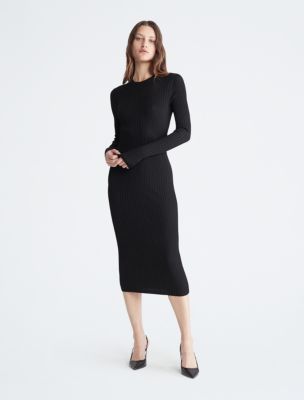 Ribbed Midi Sweater Dress, Black