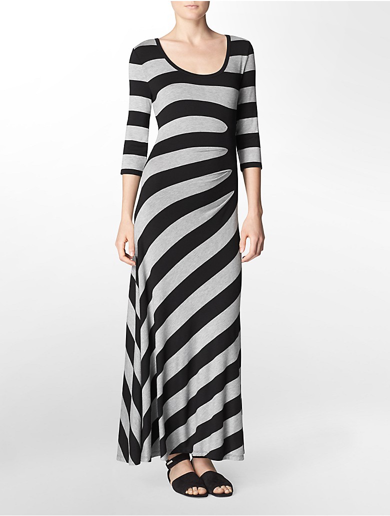 calvin klein womens ruched detail striped 3/4 sleeve maxi dress | eBay