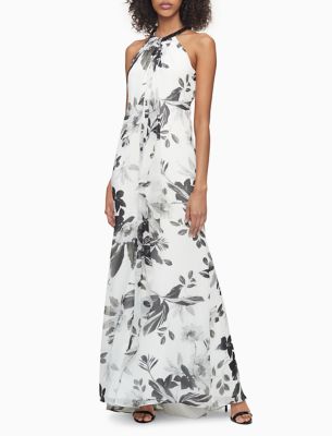 floral print chiffon halter dress with beaded belt