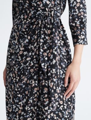Calvin Klein Geometric Print Long Sleeve Surplice V-Neck Faux Wrap Dress