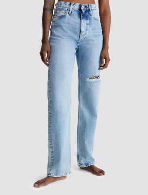 Calvin Klein Jeans high rise straight with rips in mid wash