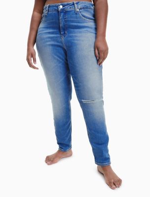 Calvin Klein Jeans high rise straight with rips in mid wash