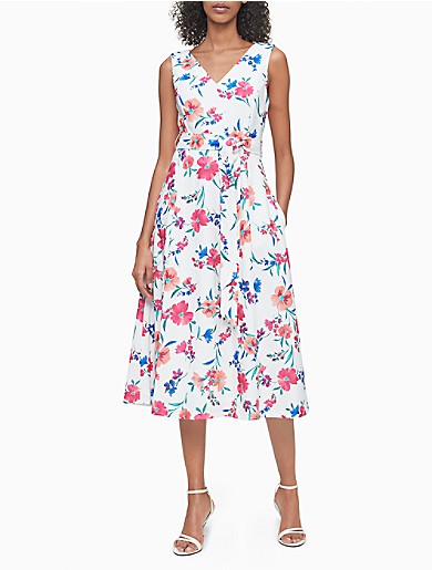 Floral Sleeveless Belted A-Line Midi Dress | Calvin Klein