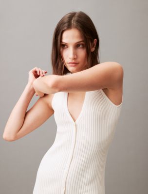 Smooth Cotton Rib V-Neck Sweater Midi Dress, Antique White