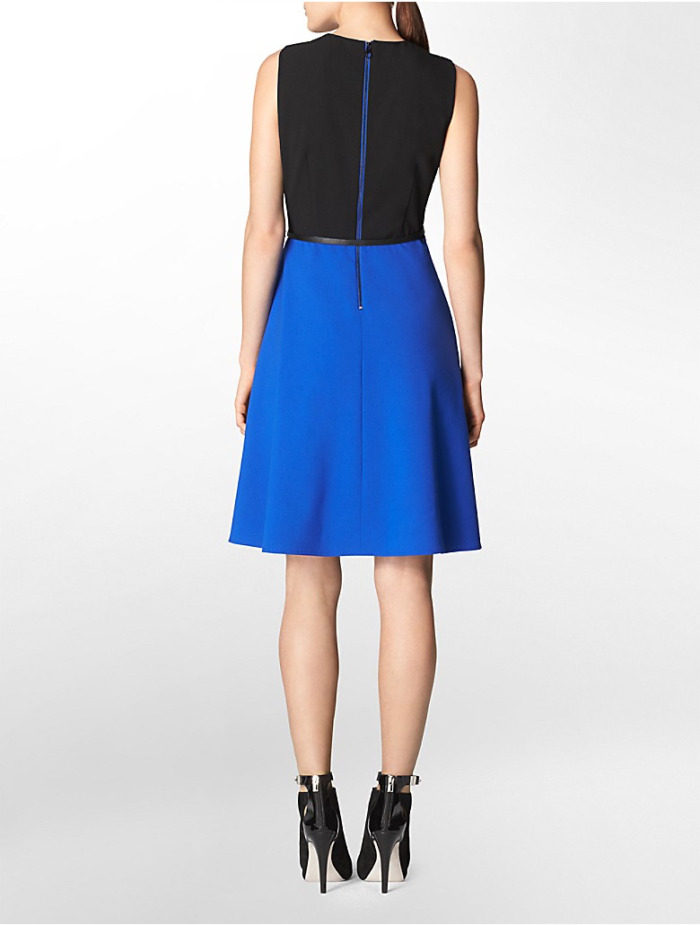 calvin klein womens colorblock pleated neckline belted fit + flare ...