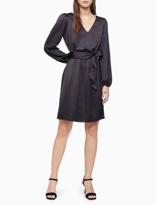 Image of Solid V-Neck Belted Long Sleeve Dress
